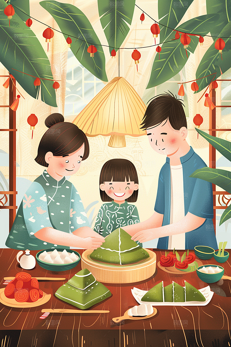 端午包粽子糯米手绘插画