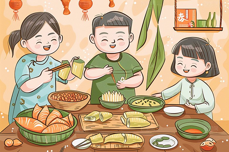 端午包粽子节日幸福插画