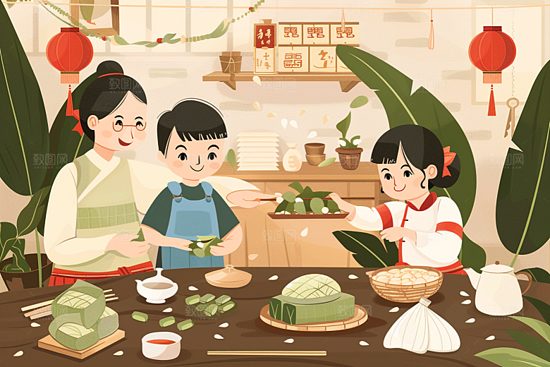 端午包粽子节日氛围粽叶插画