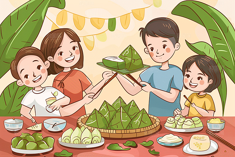 端午包粽子习俗粽叶插画