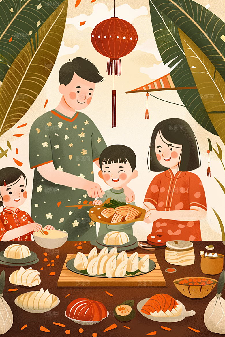 端午包粽子节日幸福插画