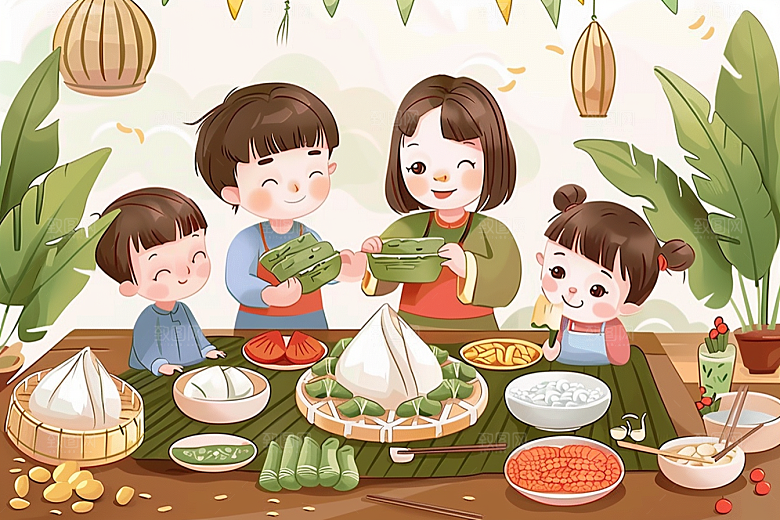 端午包粽子手绘习俗插画