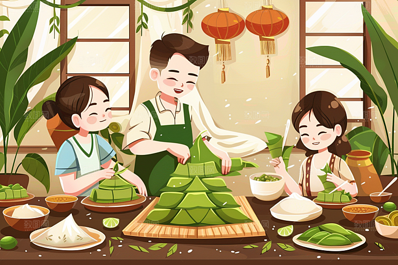 端午包粽子粽叶端午节插画