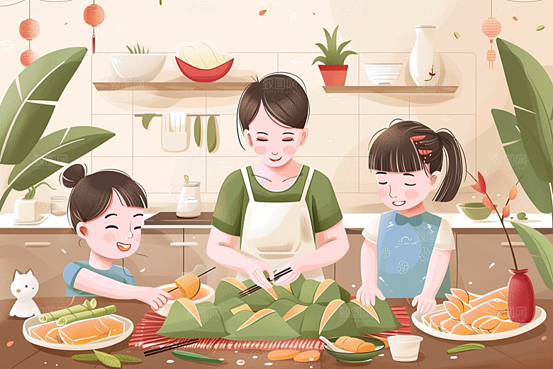 端午包粽子美味美食插画