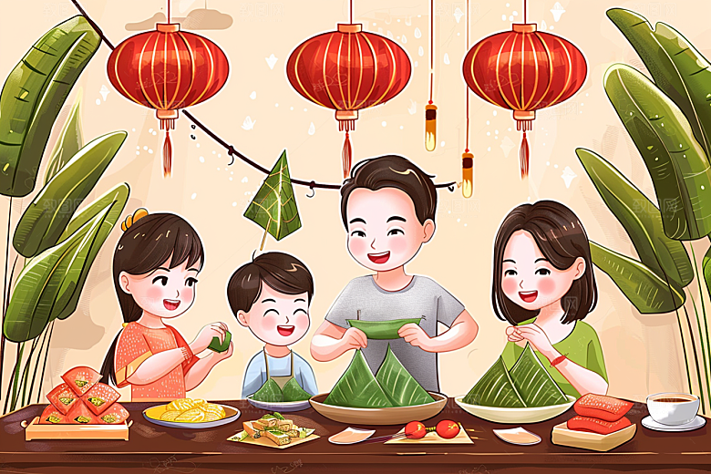 端午包粽子习俗糯米插画