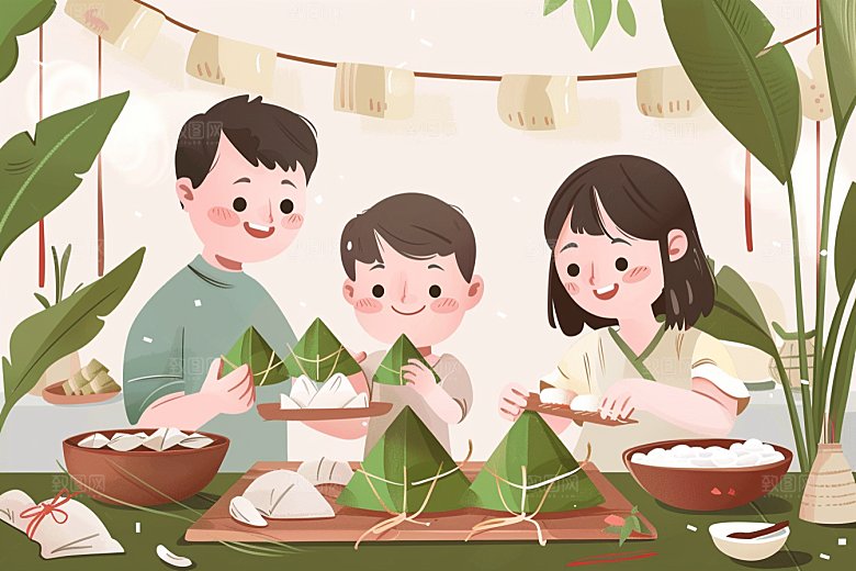 端午包粽子粽叶传统文化插画