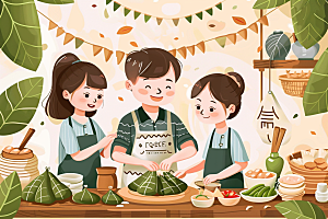 端午包粽子温馨小吃插画