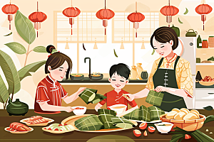 端午包粽子美食节日插画