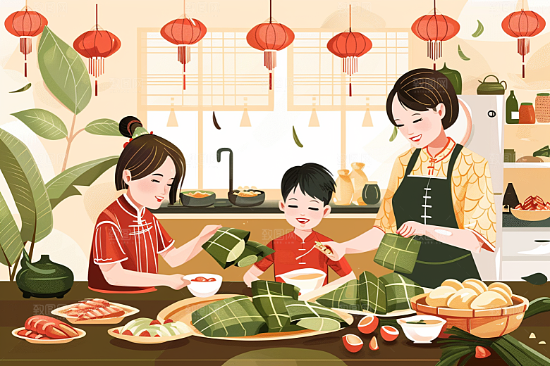 端午包粽子美食节日插画