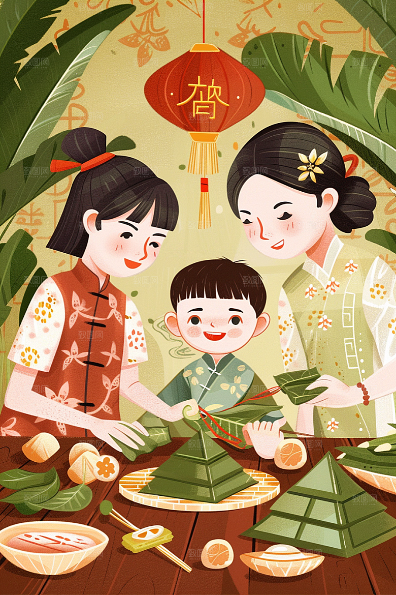 端午包粽子粽叶幸福插画