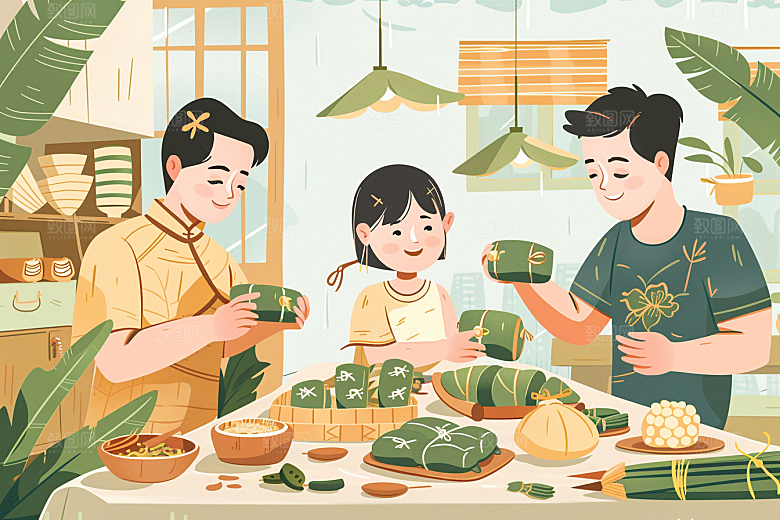 端午包粽子粽叶小吃插画
