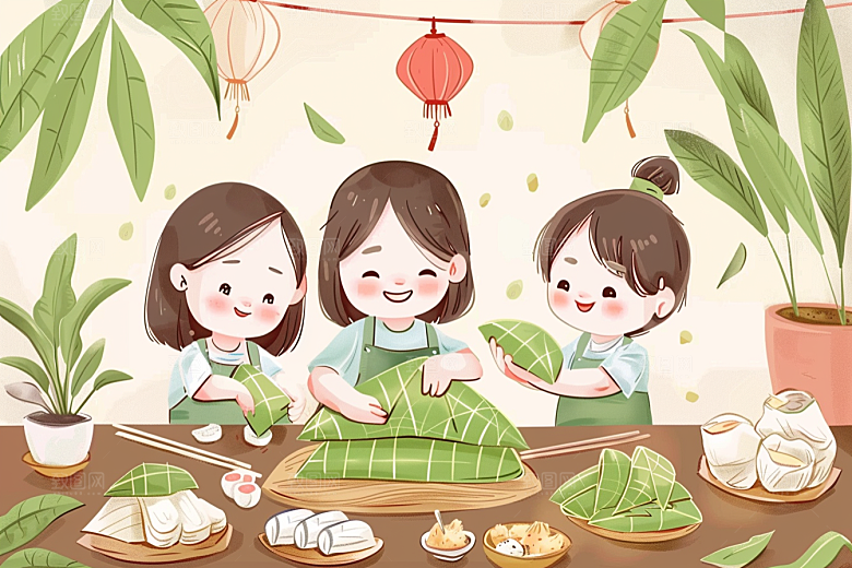 端午包粽子高清小吃插画