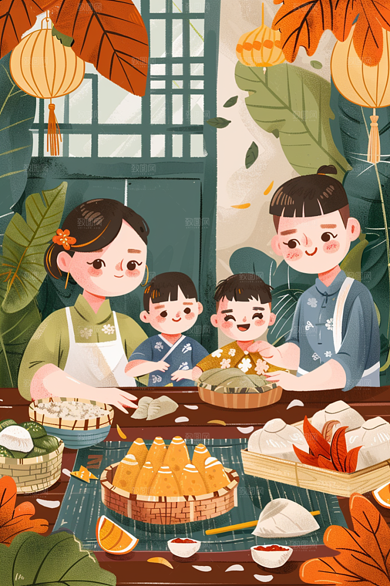 端午包粽子美味温馨插画