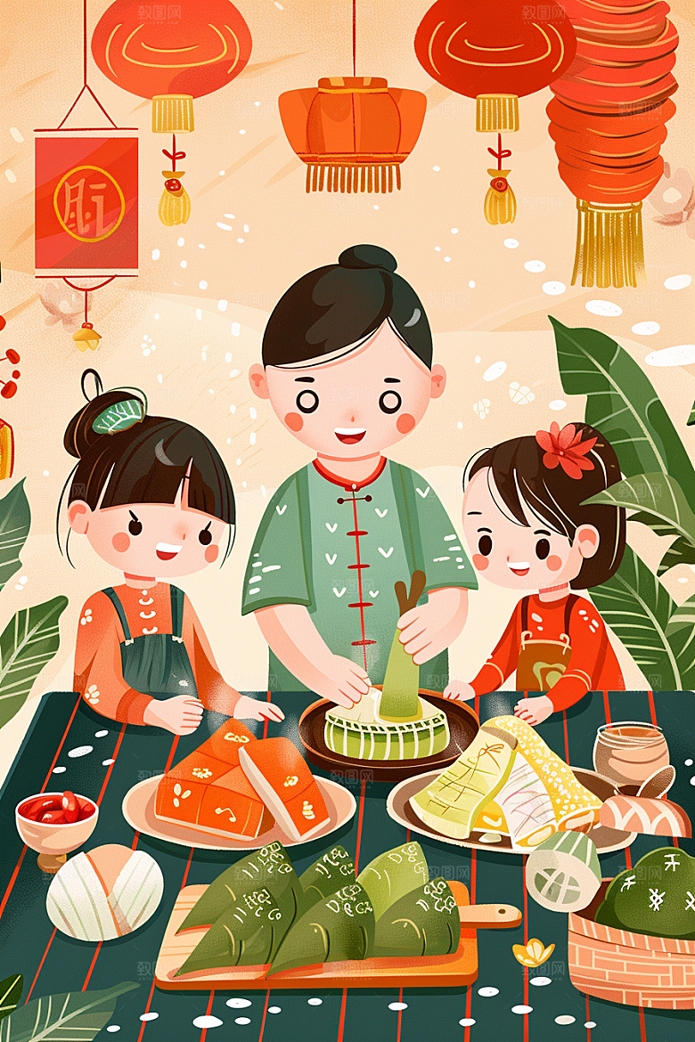 端午包粽子节日氛围传统文化插画