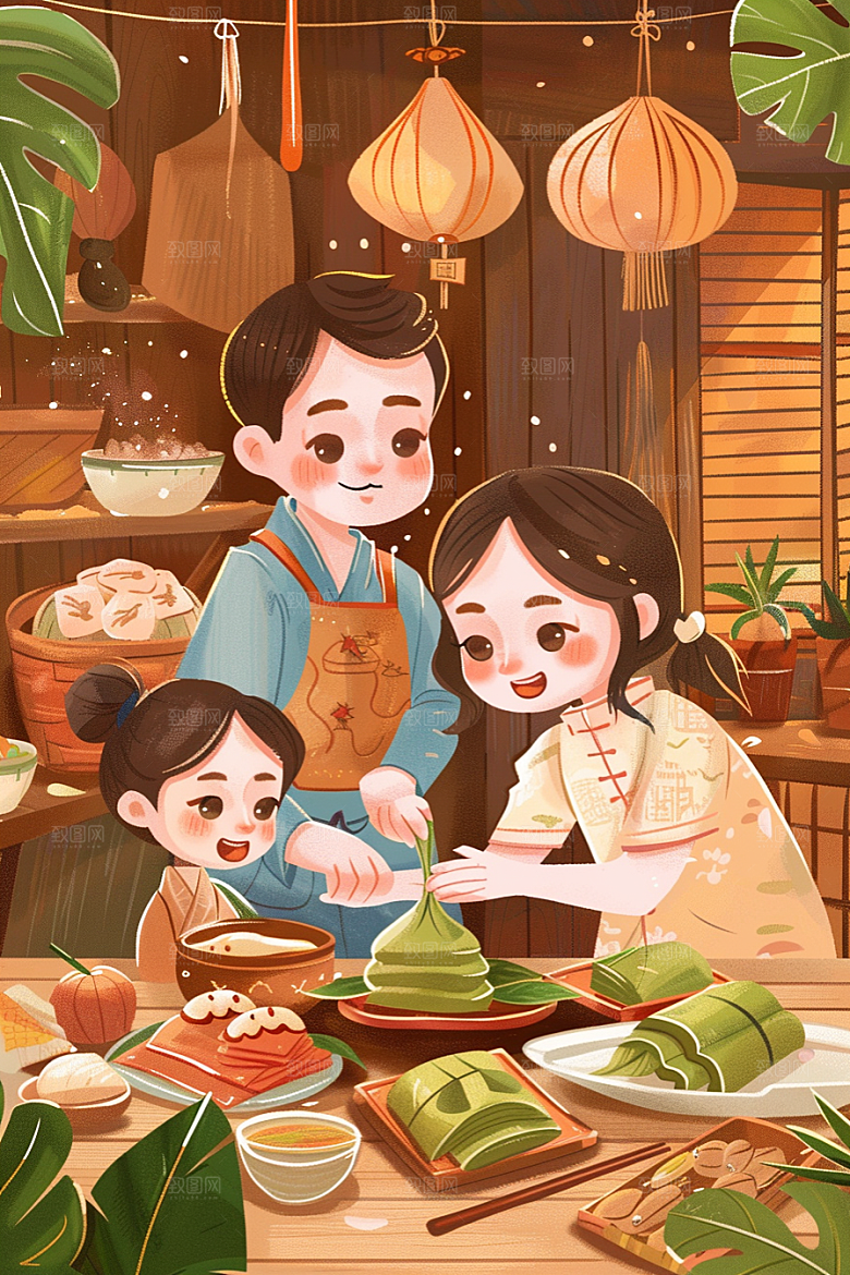 端午包粽子幸福端午节插画