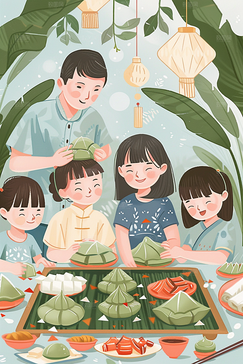 端午包粽子温馨端午节插画