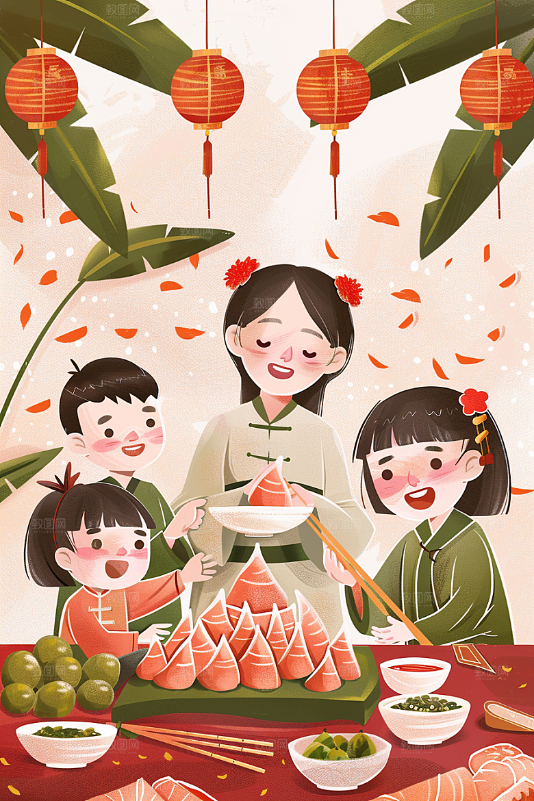 端午包粽子美味高清插画