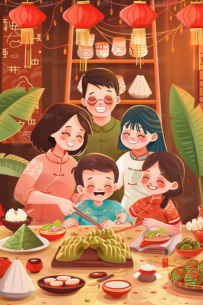 端午包粽子美味粽叶插画