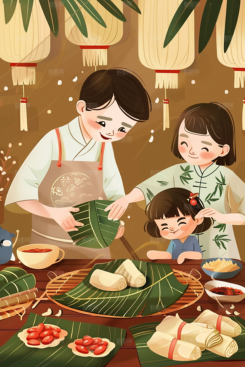 端午包粽子习俗阖家团聚插画