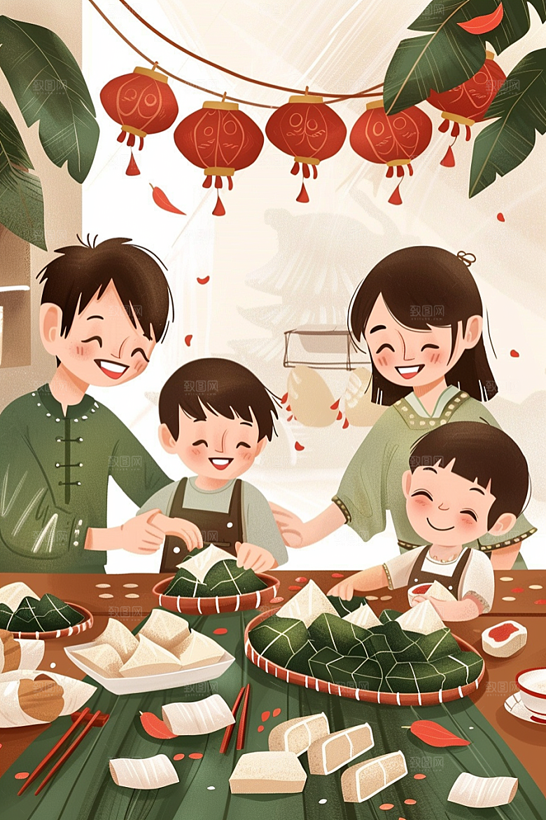 端午包粽子高清节日插画
