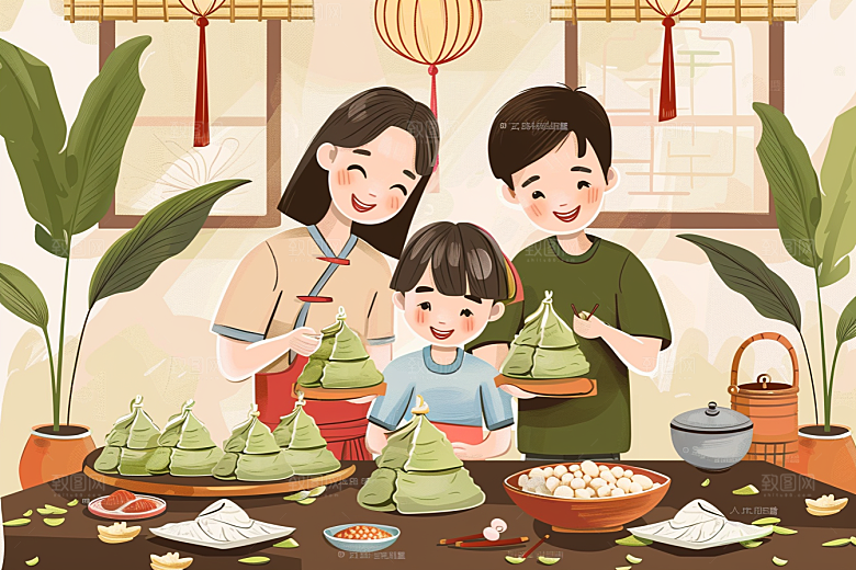 端午包粽子手绘美味插画
