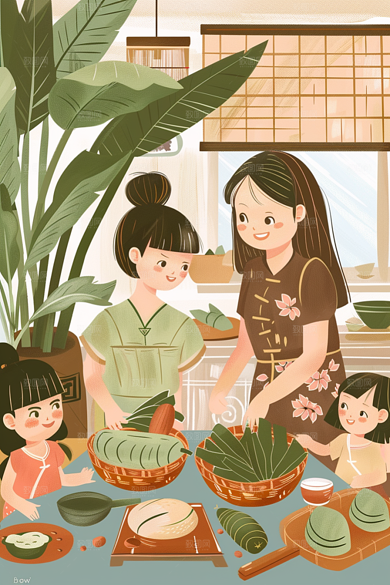 端午包粽子幸福端午节插画