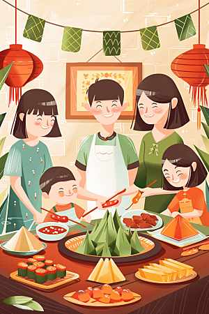 端午包粽子传统文化节日插画