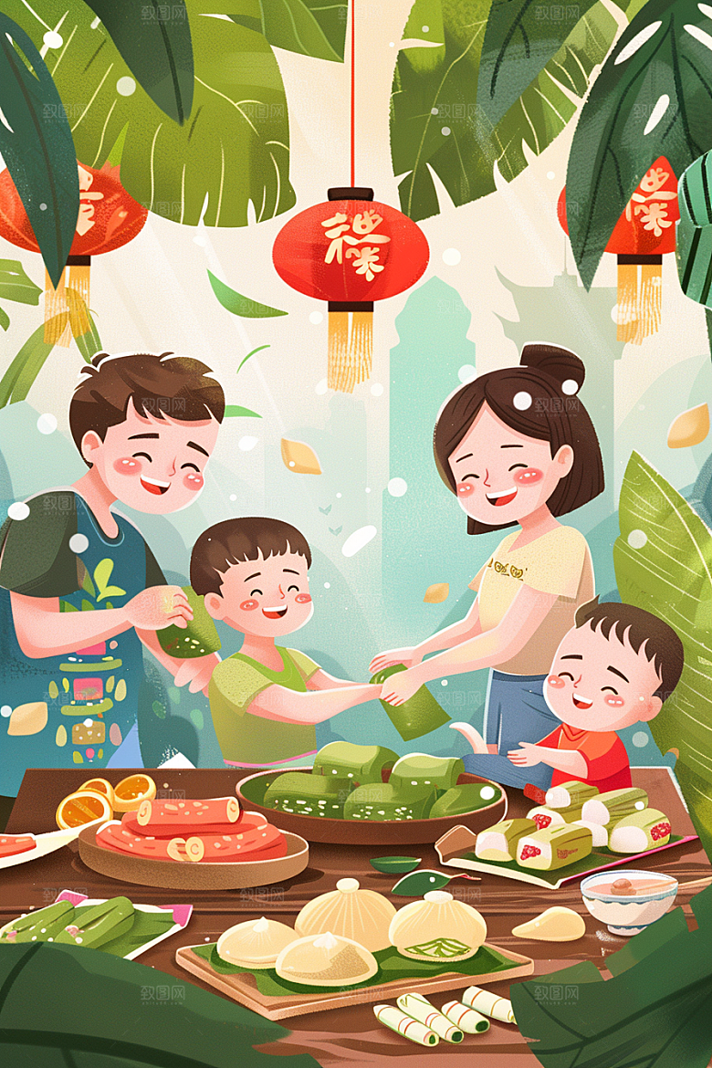 端午包粽子高清温馨插画