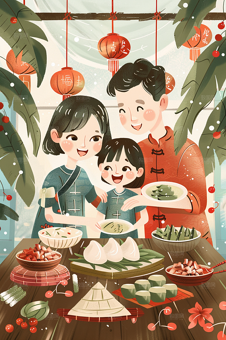 端午包粽子幸福传统文化插画