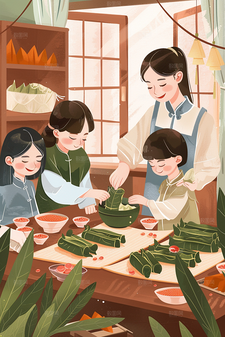 端午包粽子阖家团聚习俗插画