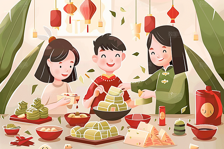 端午包粽子传统文化美食插画