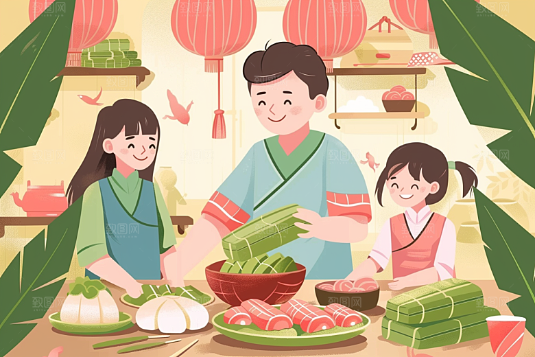端午包粽子美食手绘插画