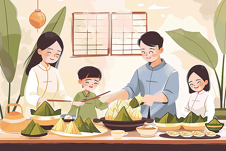 端午包粽子传统文化美食插画