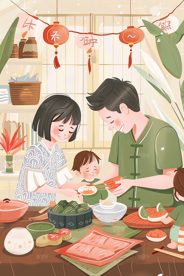 端午包粽子美味阖家团聚插画