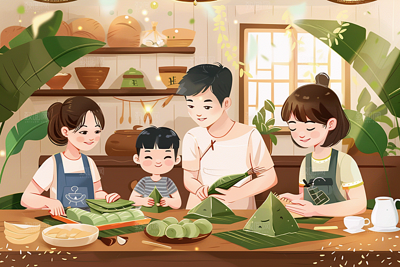 端午包粽子节日幸福插画