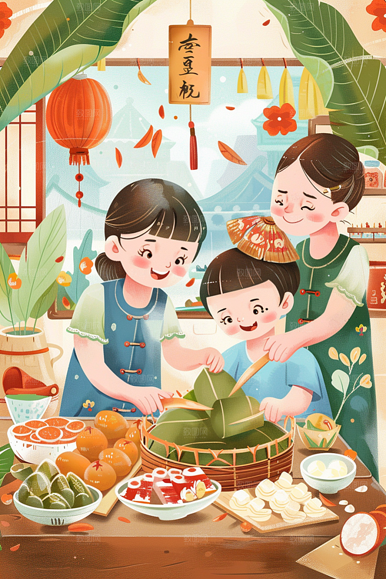 端午包粽子习俗高清插画