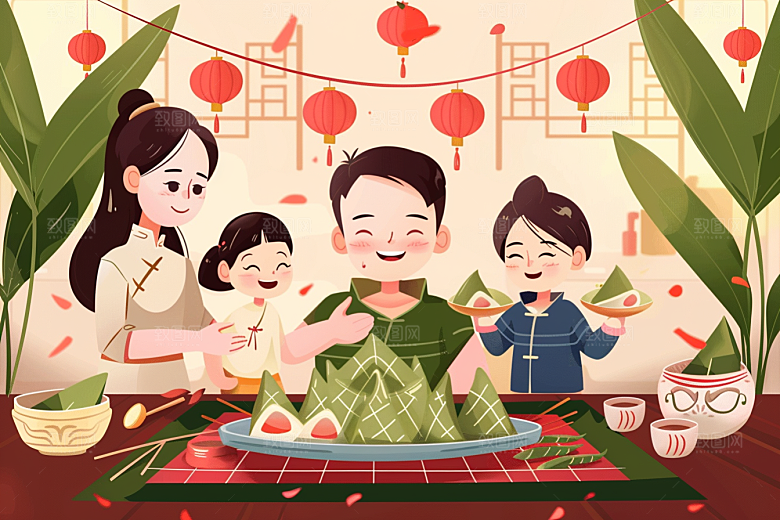 端午包粽子传统文化节日插画