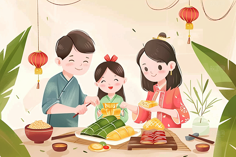 端午包粽子高清幸福插画