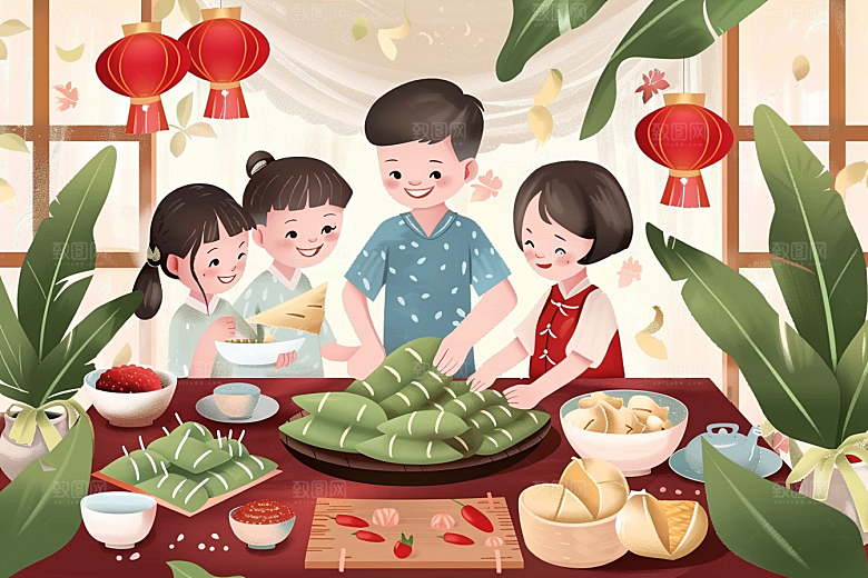 端午包粽子粽叶温馨插画