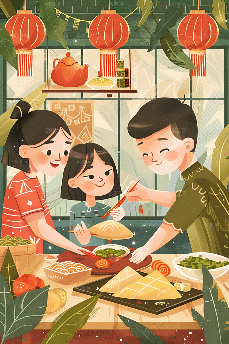 端午包粽子习俗阖家团聚插画