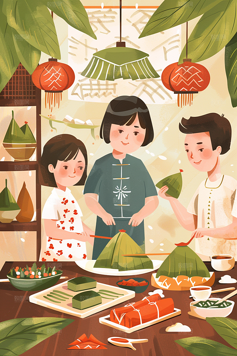 端午包粽子粽叶节日插画