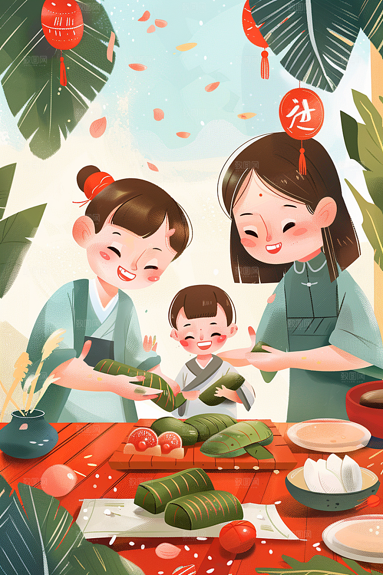 端午包粽子习俗端午节插画