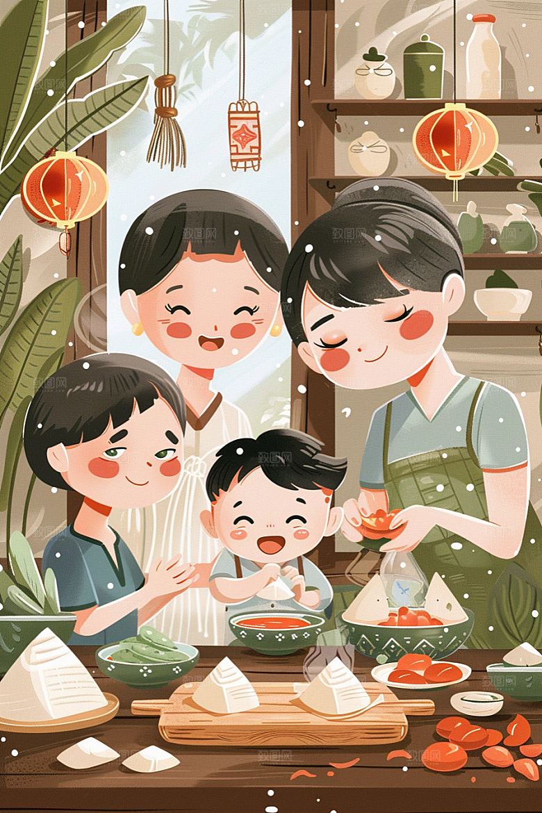 端午包粽子手绘高清插画