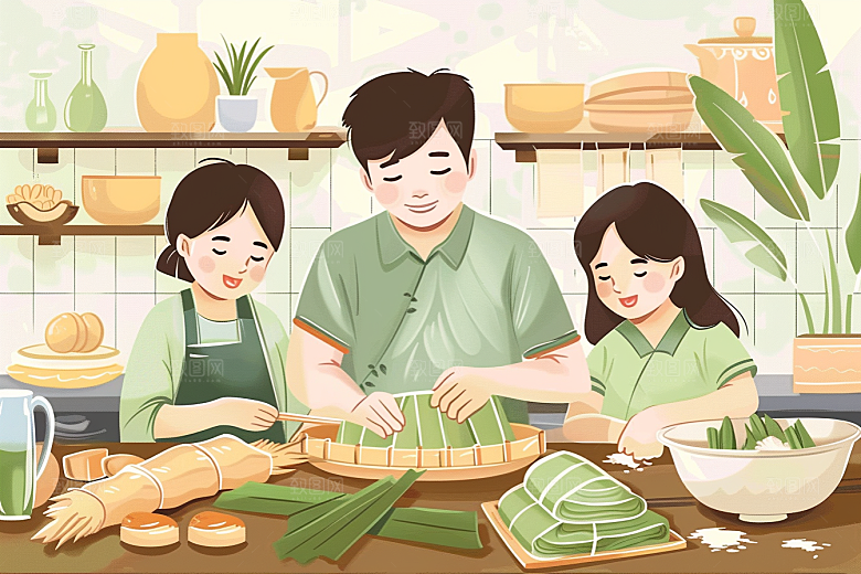 端午包粽子温馨习俗插画