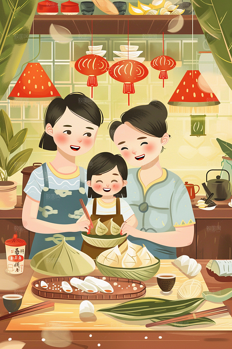 端午包粽子习俗阖家团聚插画