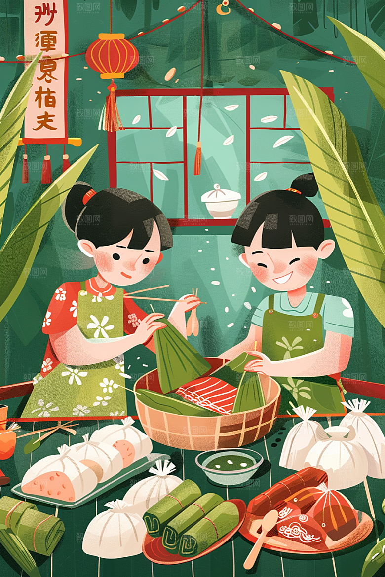 端午包粽子温馨手绘插画