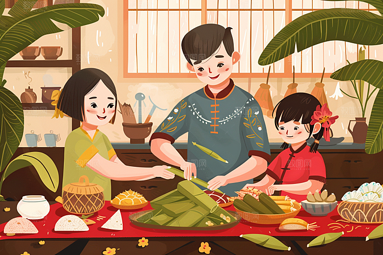 端午包粽子传统文化节日插画