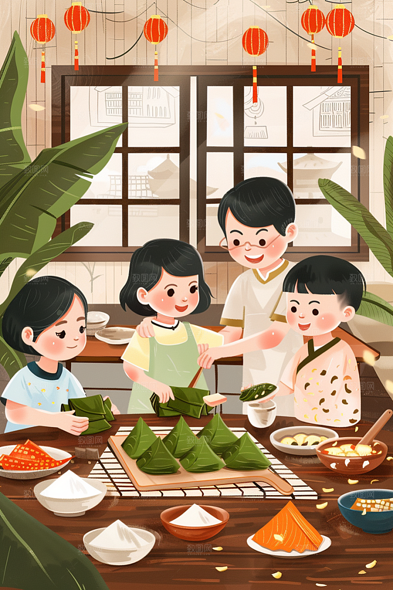 端午包粽子温馨美味插画