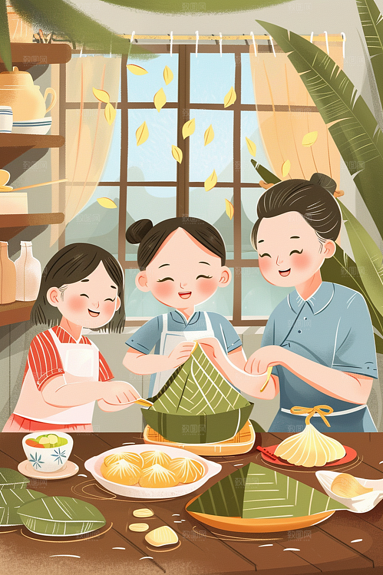 端午包粽子美味节日氛围插画