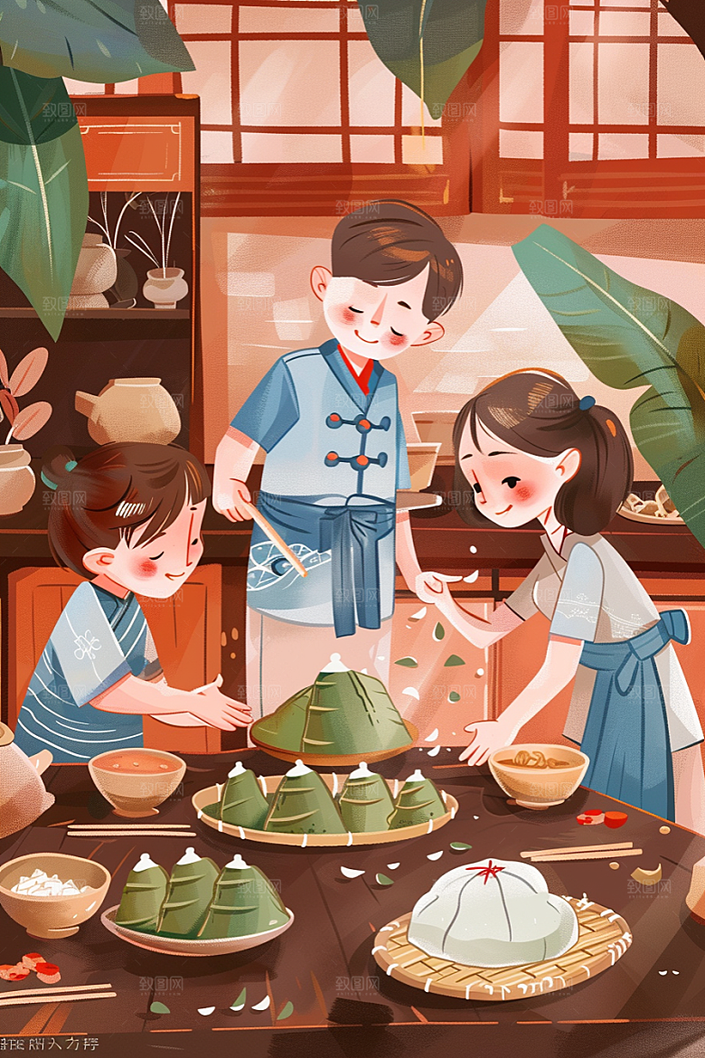端午包粽子手绘习俗插画